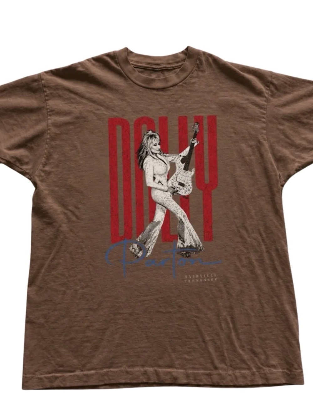 Brown Graphic Tee with Red and Cream Artwork